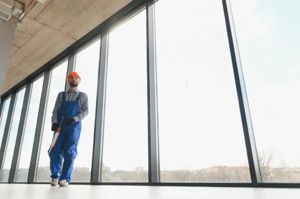 A worker in overalls and a hard hat walking beside floor-to-ceiling windows
