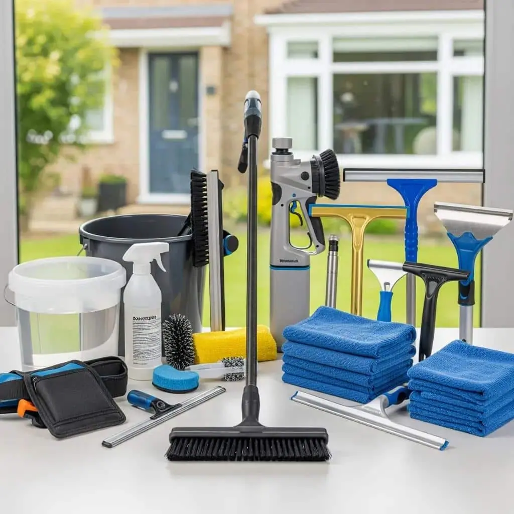 Essential tools for safe high window cleaning including water-fed pole and microfibre cloths