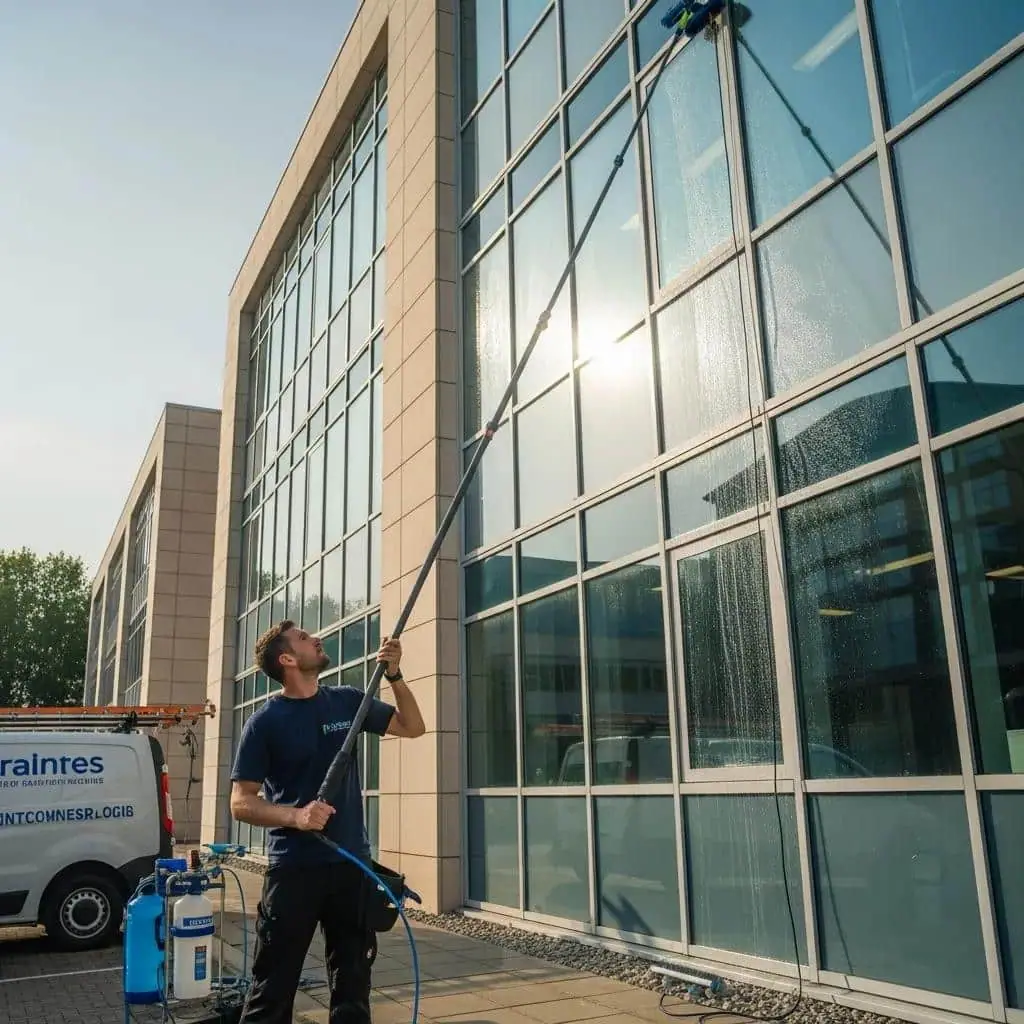 Professional window cleaner using advanced equipment to clean high double glazed windows safely